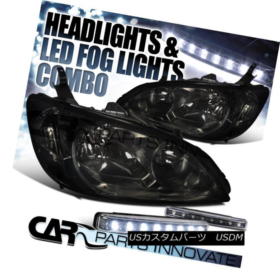 ヘッドライト フィット2004-2005ホンダシビックDX LX EX JDMスモークヘッドライト+ 8 LEDバンパーフォグランプ Fit 2004