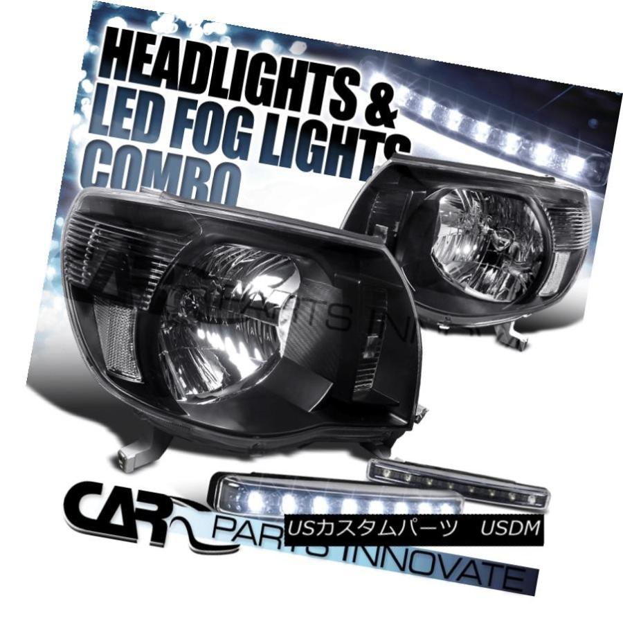 ヘッドライト 05-11トヨタタコマピックアップ用ブラックヘッドライトペア+ 8-LED DRLバンパーフォグランプ For 05-11 Toyota