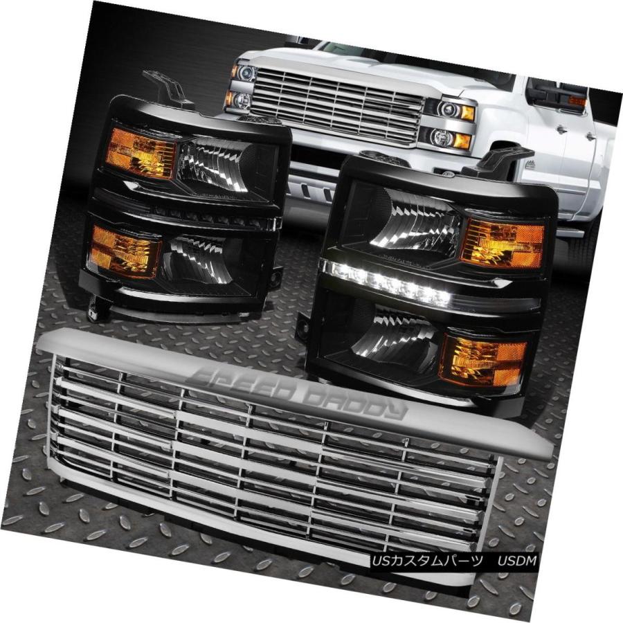 ヘッドライト BLACK HOUSING HEADLIGHT + LED DRL +アンバー信号+ビレットグリル14-15シルベラド BLACK HO