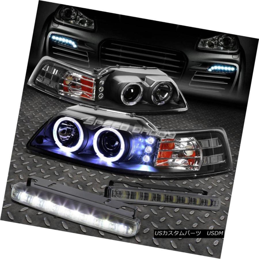 前照灯 ブラックデュアルハロープロジェクター+ LED前照灯+唐きび 99-04 MUSTANG用ER + SMOKE FOGラ 車、バイク、自転車-自動車