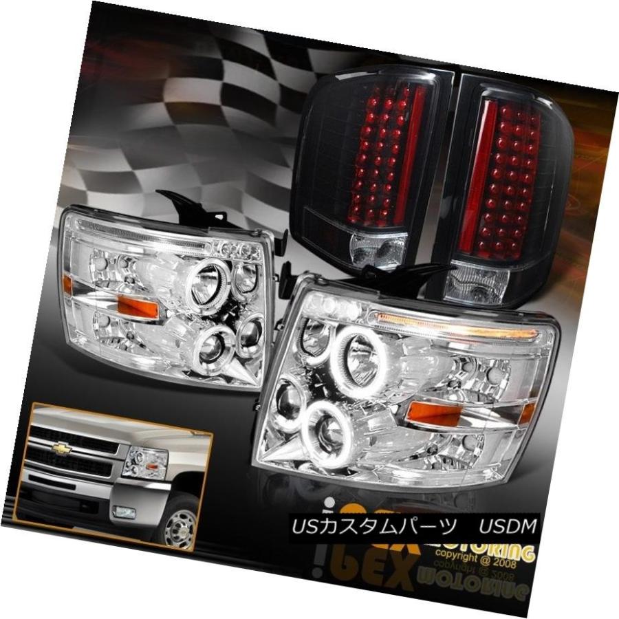 テールライト 07-14 Chevy Silverado Chrome Halo LEDプロジェクターヘッドライト+ブラックLEDテールランプ 07-