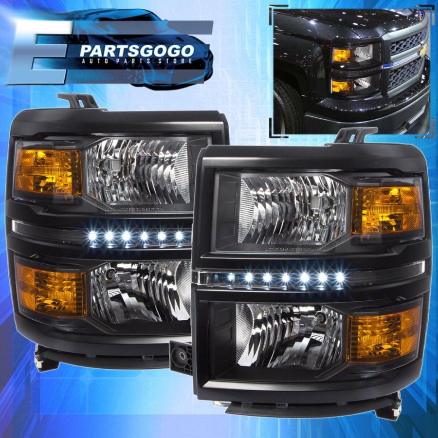 US隅っこともし火 14-16 Chevy Silverado 1500 LEDブラックハウジングヘッドライトアンバーリフレクターペア 14-16 C 車、バイク、自転車-ライト、レンズ