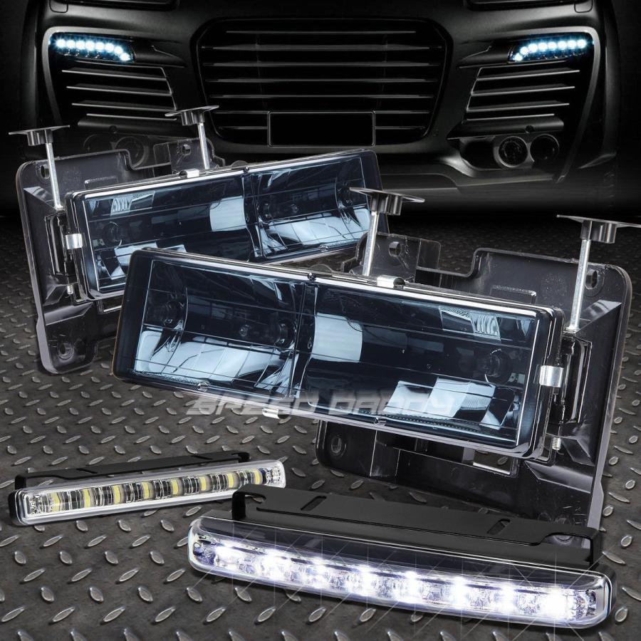 USフォグライト SMOKED HOUSING HEADLIGHT HEADLAMP + 88-98 CHEVY C10 C / K用LEDグリルフォ