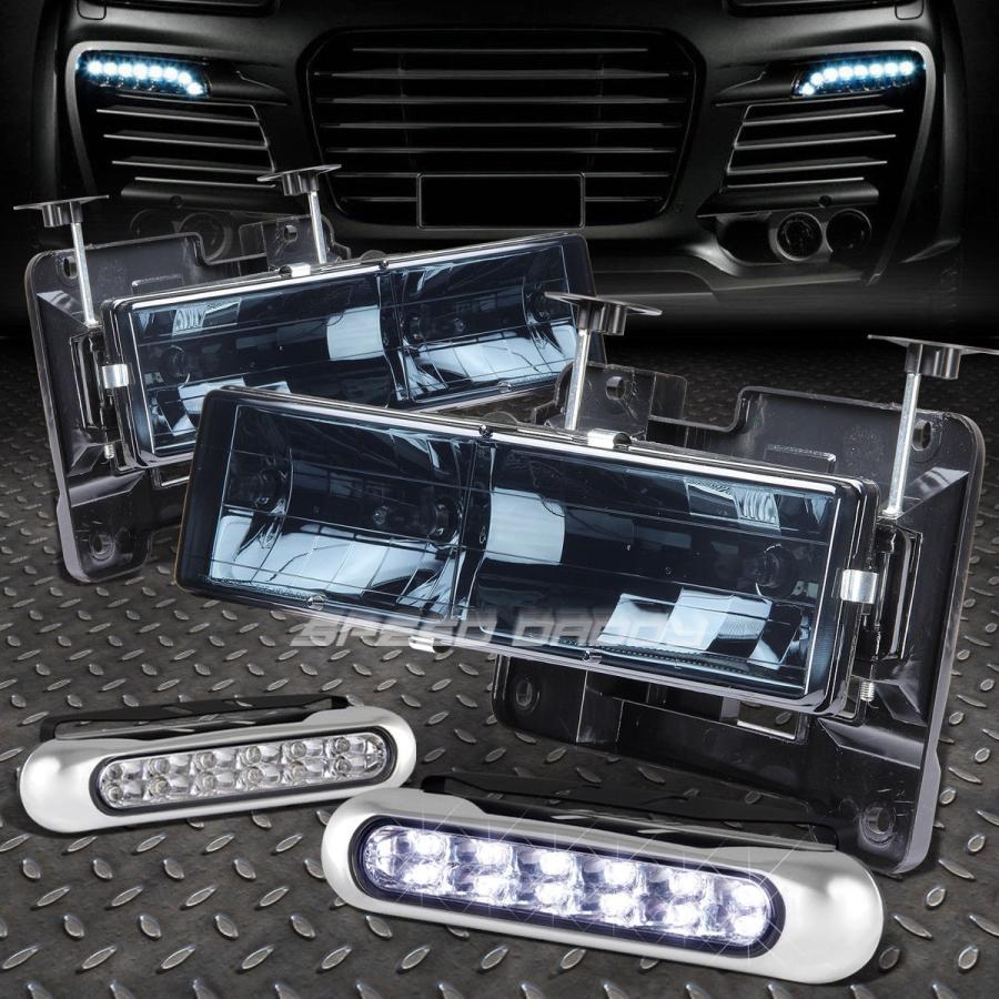 USフォグライト SMOKED HOUSING HEADLIGHT HEADLAMP + 88-98 CHEVY C10 C / K用LEDグリルフォ