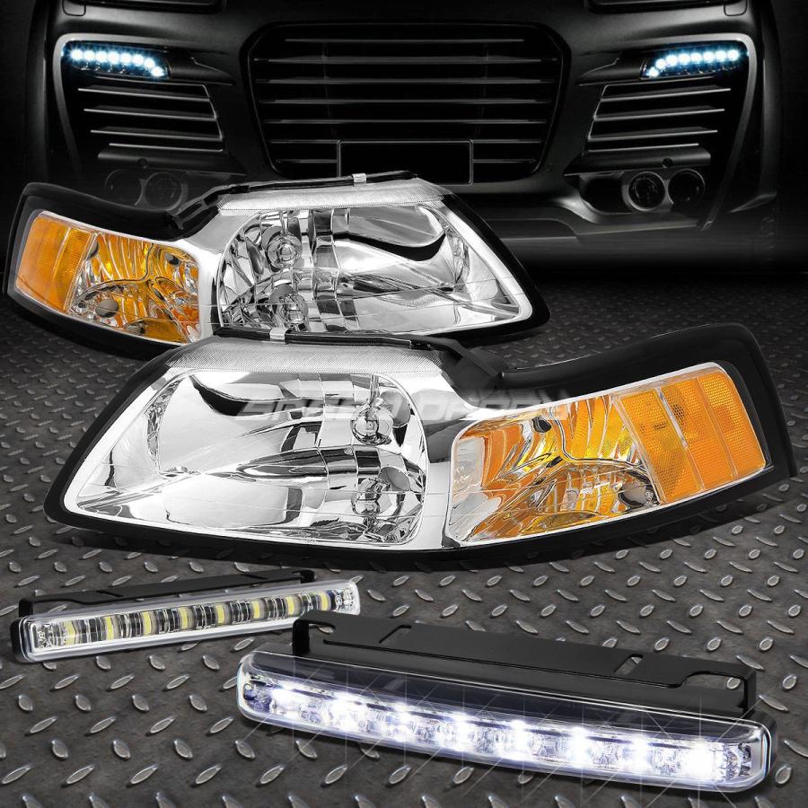 USフォグライト CHROME LENSヘッドライトアンバーコーナー+ LEDグリル9個、99-04 MUSTANG SN95用グリッドライト CHR