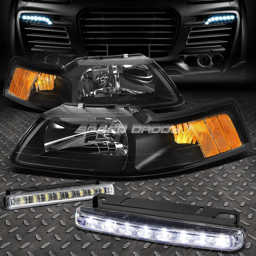 USフォグライト ブラックハウジングヘッドライトアンバーコーナー+ 8個のLEDグリルフォグライト（99-04 MUSTANG用） BLACK HOU