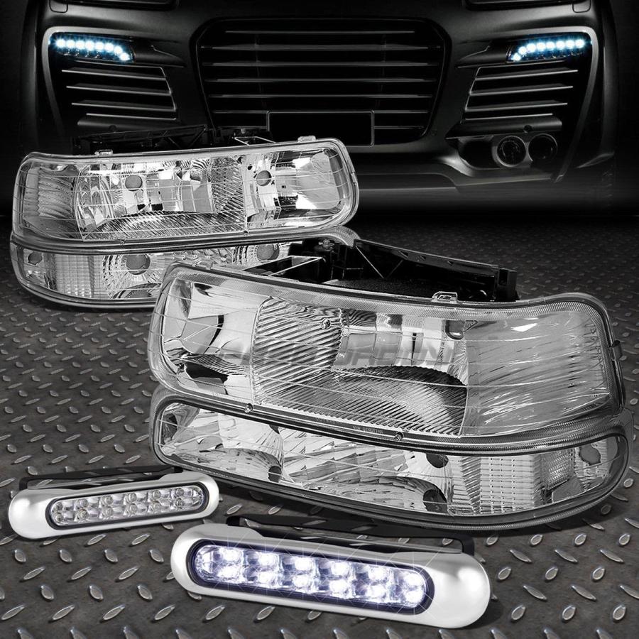 USフォグライト CHROME HOUSING HEADLIGHT CLEAR CORNER + 99-02 SILVERADO用LEDグリルフォグラ