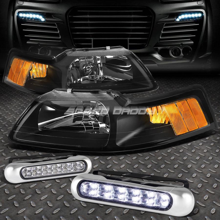 USフォグライト ブラックハウジングヘッドライトアンバーコーナー+ 12個のLEDグリルフォグライト（99-04 MUSTANG用） BLACK HO