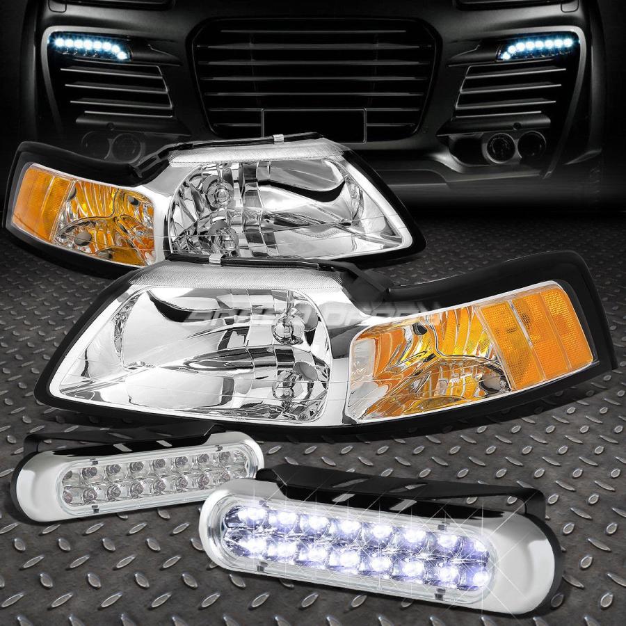 USフォグライト CHROMEレンズヘッドライトアンバーコーナー+ LEDグローブFOGライト、99-04 MUSTANG SN95用 CHROME