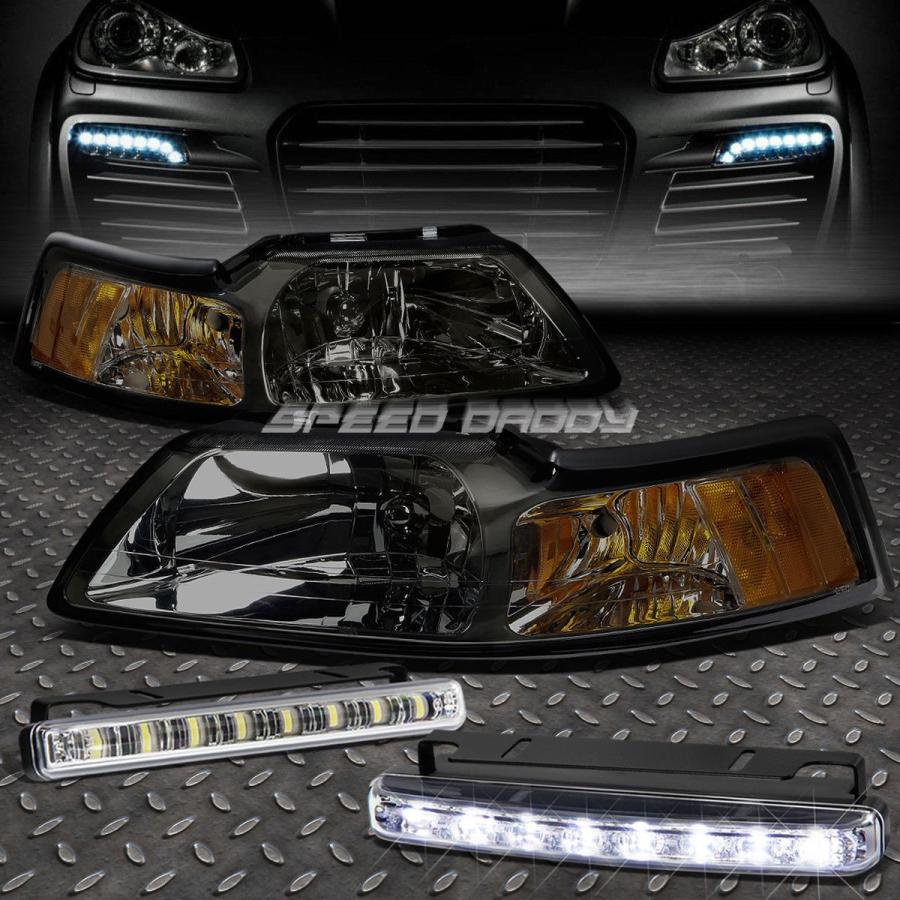 USフォグライト SMOKED LENS HEADLIGHTアンバーコーナー+ 99-04 MUSTANG SN95用8 LEDグリルフォグライト S