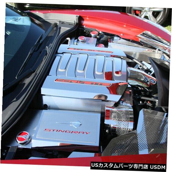割引販促 エンジンカバー C7コルベット自動5pcエンジンキャップカバーセット-ステンレススティングレイロゴ付きレッド C7 Corvette Automat