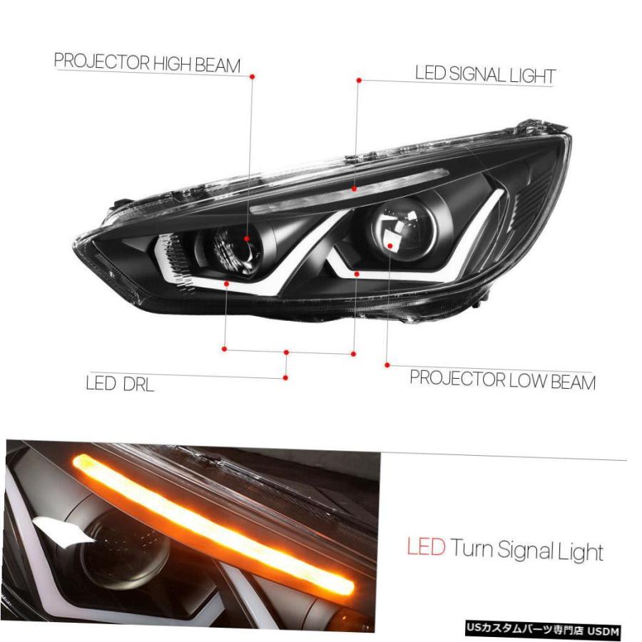 ヘッドライト  Fits 2015-2018 Ford Focus<DUAL LED U-BAR>Black/Cleの画像