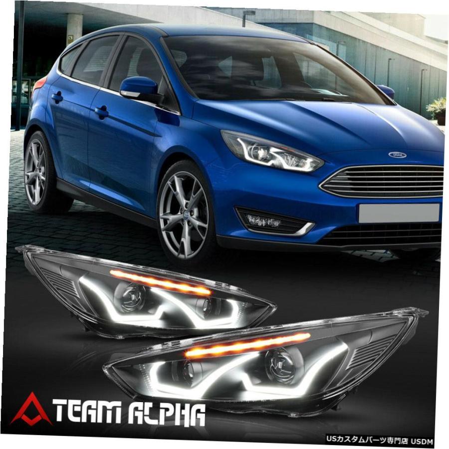 ヘッドライト  Fits 2015-2018 Ford Focus\u003cDUAL LED U-BAR\u003eBlack/Amb