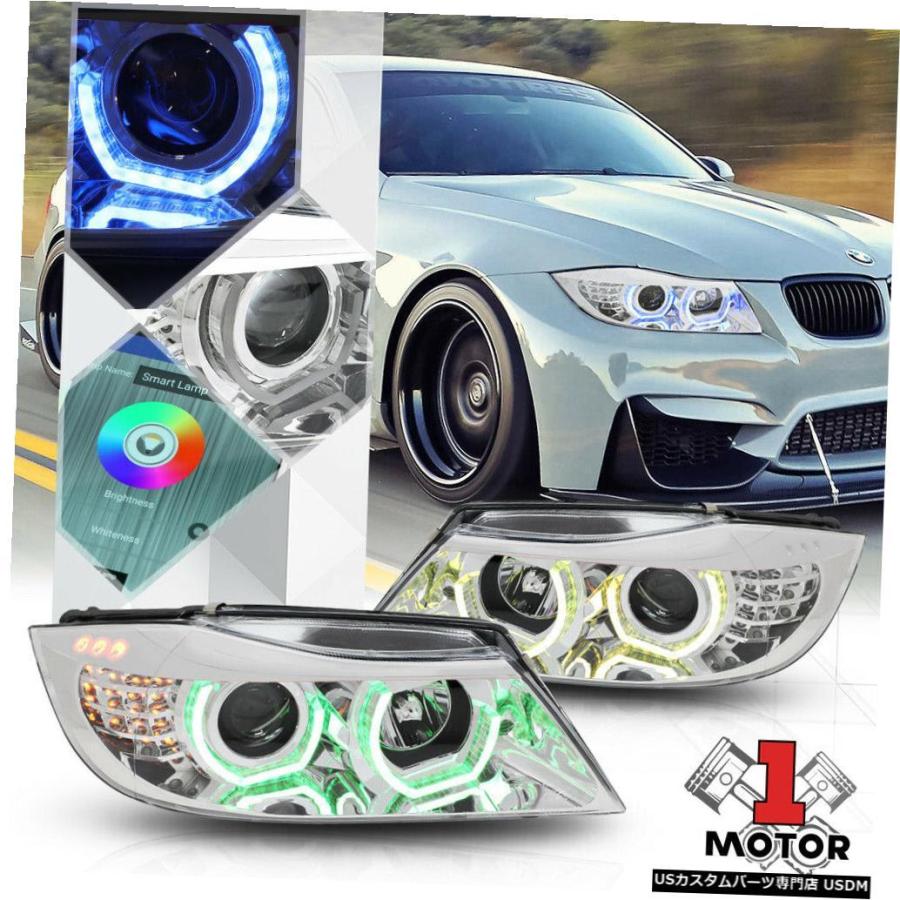 ヘッドライト 09-12 E90 3シリーズ用ChromeデュアルRGB 3D HaloプロジェクターヘッドライトLED信号  Chrome Dual