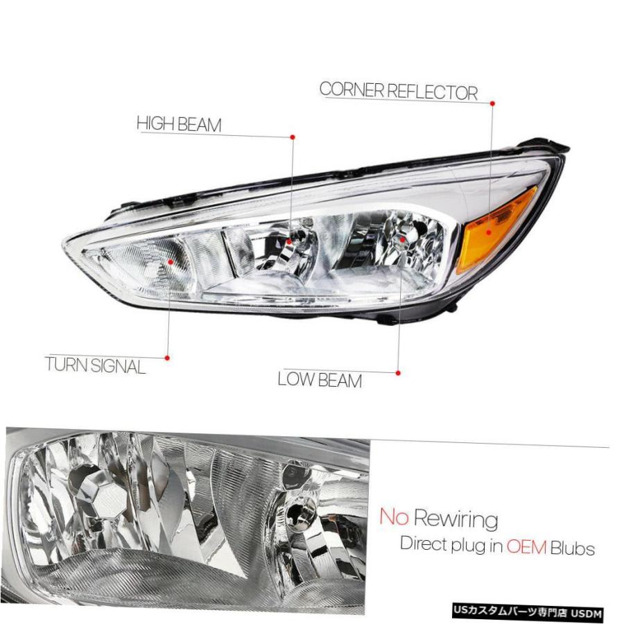 ヘッドライト 15-18フォードフォーカス用クロムハウジングクリアレンズヘッドライトアンバーシグナルリフレクター  Chrome Housing Clの画像