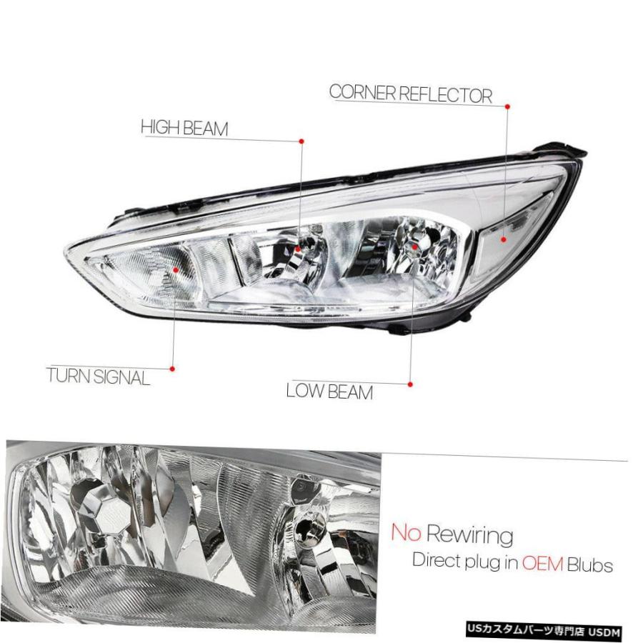 ヘッドライト 15-18フォードフォーカス用クロームハウジングヘッドライトクリアレンズターンシグナルリフレクター  Chrome Housing Heの画像