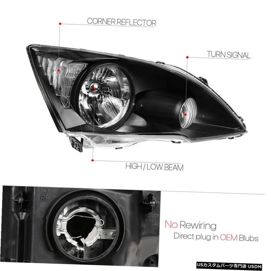 ヘッドライト 07-11ホンダCR-V用ブラックハウジングヘッドライトランプクリアウインカーリフレクター  Black Housing Headligの画像