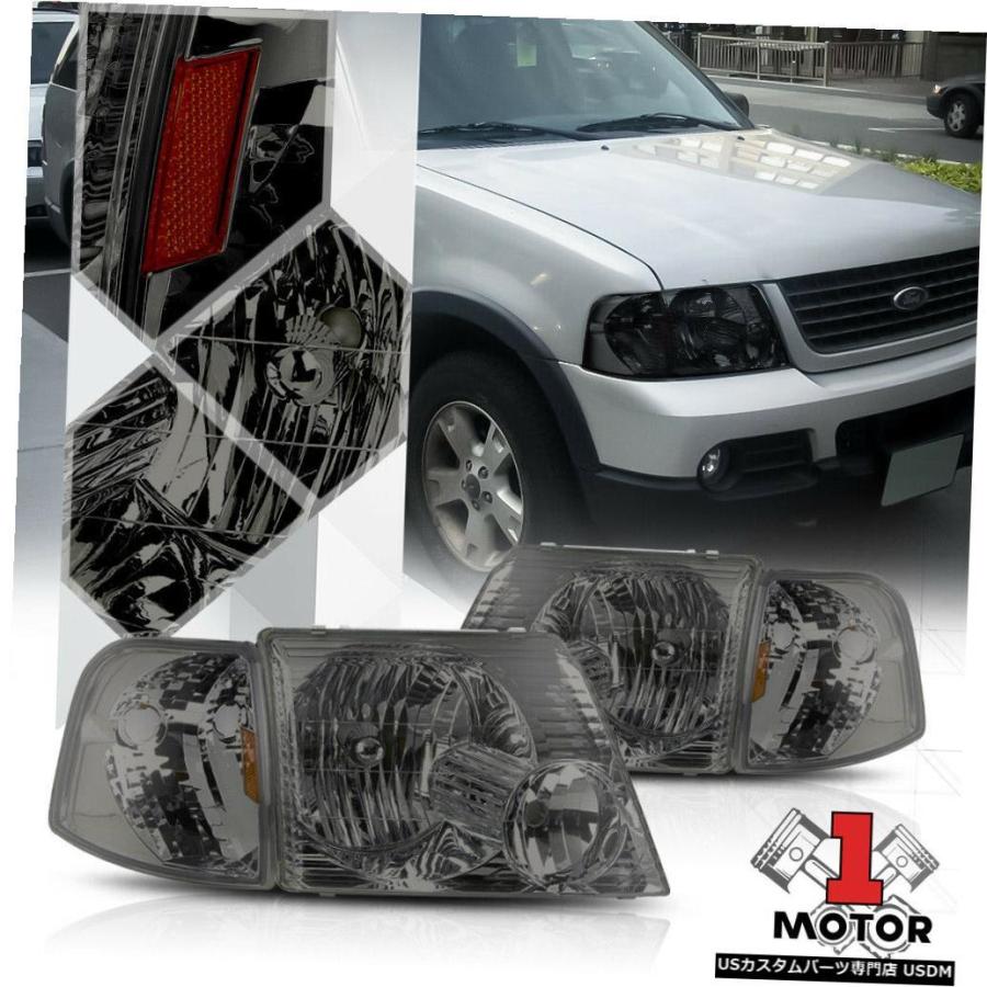 ホワイトブラウン ヘッドライト 02-05フォードエクスプローラー用スモークティンテッドヘッドライトアンバーコーナーシグナルリフレクター Smoke  Tinted H