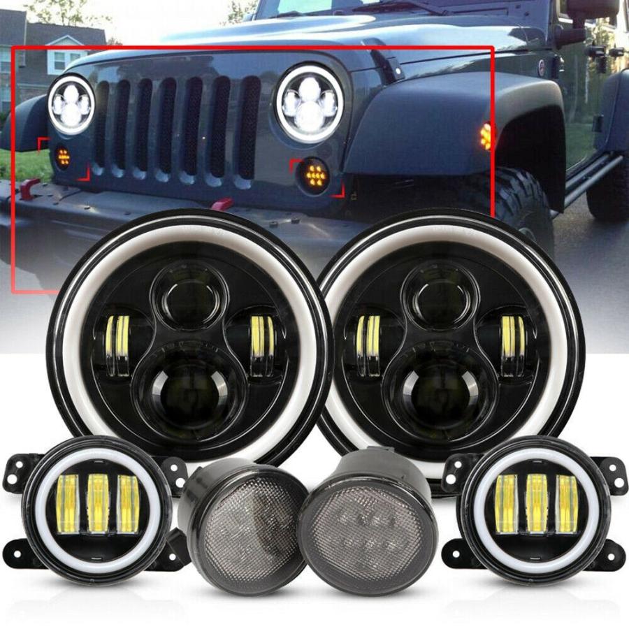 7「」フォグランプキットフィットジープラングラーJK 7月17日「LEDヘッドライト+信号光+ 4を回し」 7'' LED Headlights+Signal Turn Light+4'' Fog Lamp Kit Fi