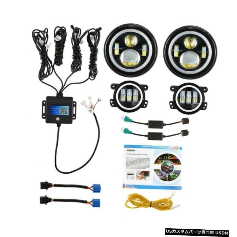 ジープラングラーJK用2X 7\" LEDヘッドライト+ 2×4\" フォグランプキットRGBハローリングDRL 2X 7\" LED Headlights+2X 4\" Fog Lights Kit RGB Halo Ring DRL forの画像