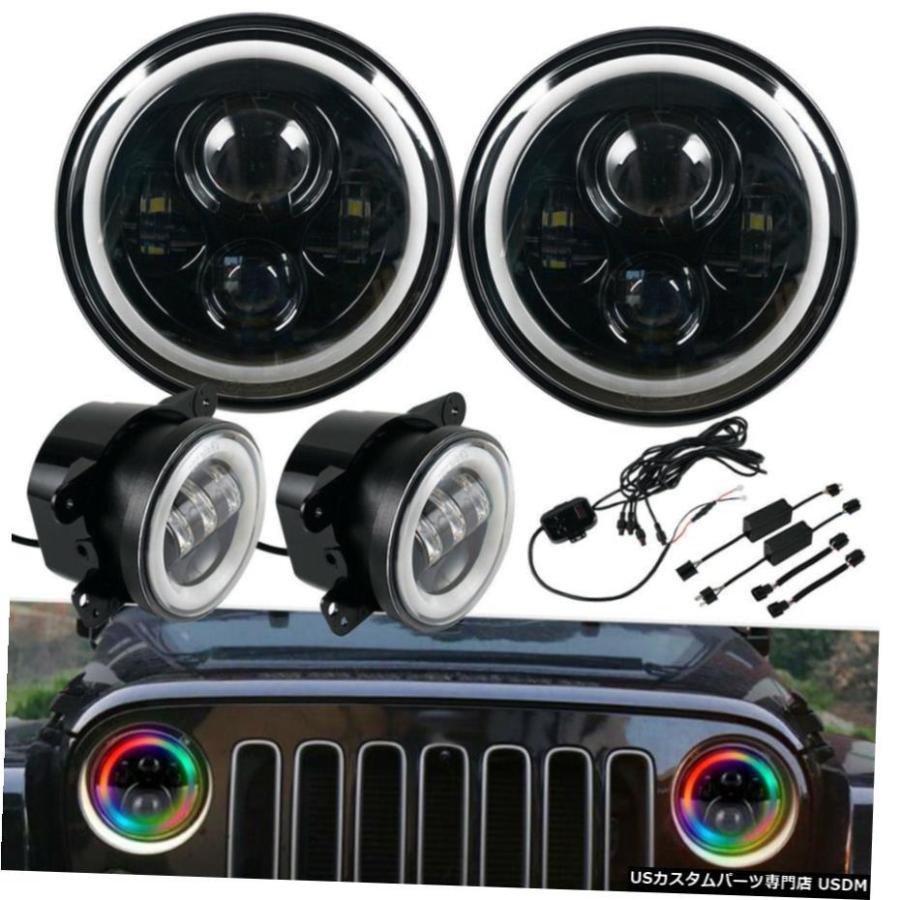 7\" ラウンドハロLEDヘッドライトフォグライトRGBカラーコンボキットジープCJ7 CJ8 TJ LJ 7\" Round Halo LED Headlight Fog Light RGB Color Combo Kit For Jeep