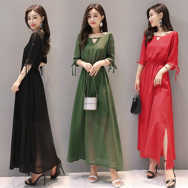 ワンピース レディース 40代 きれいめ 夏 マキシワンピース 五分袖 シフォン 無地 パーティードレス 韓国風 オシャレ ゆったり 通勤 大人 Ol 上品 着痩せ 新品 年中無休