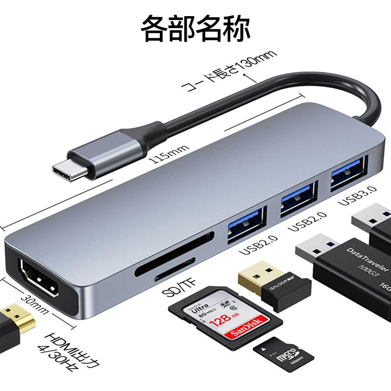 Type C ハブ USB C ドッキングステーション USB C HUB 6in1 USB3.0 HDMI 変換 SDカードリーダー TF ドック ポート スロット アダプター Macbook iPad Pro  高速｜usenya｜02