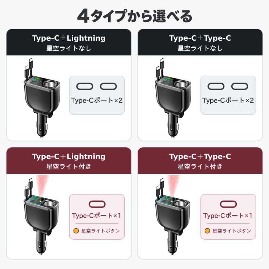 シガーソケット 車載充電器 カーチャージャー 巻き取り式 急速充電 最大240W 最大5台同時充電 Type-C Lightning USB 電圧計 12V 24V iPhone18 Android 車用 増設 |  | 12