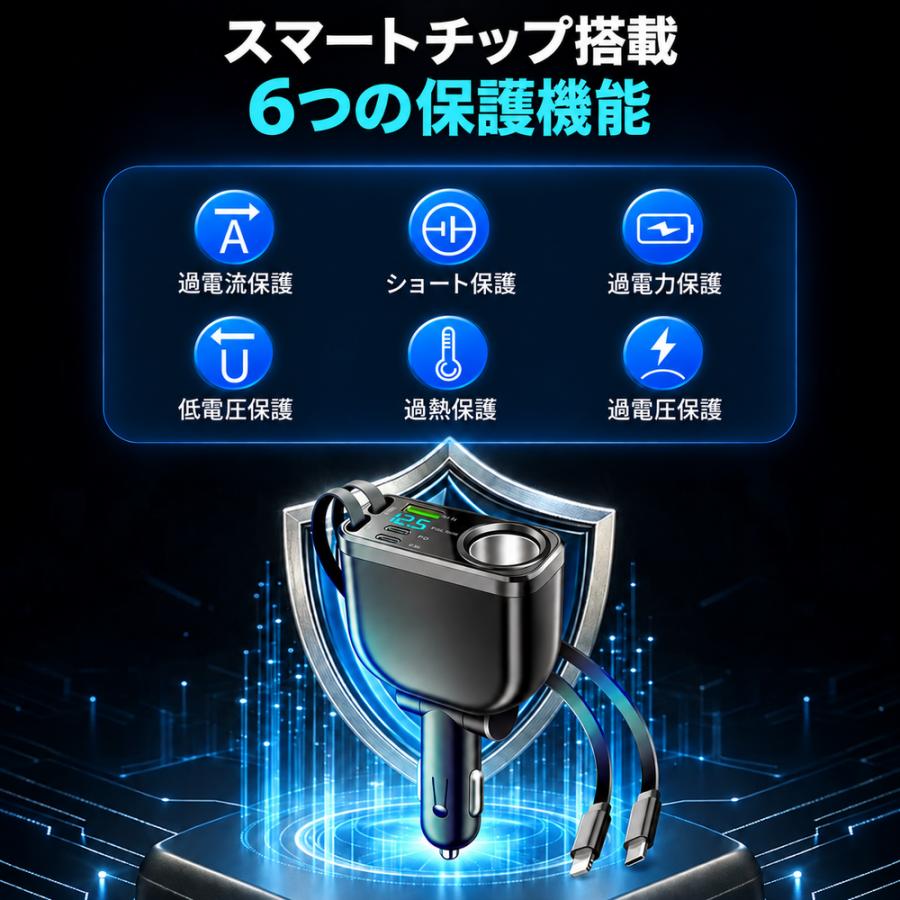 シガーソケット 車載充電器 カーチャージャー 巻き取り式 急速充電 最大240W 最大5台同時充電 Type-C Lightning USB 電圧計 12V 24V iPhone18 Android 車用 増設 |  | 08