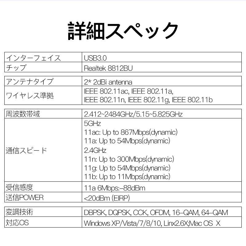 WiFi 無線LAN 子機 1300Mbps USB アダプタ 高速 回転アンテナ  小型 ワイヤレス Windows10/8/7/XP/Vista/Mac対応 ドライバーフリー デュアルバンド｜usenya｜11