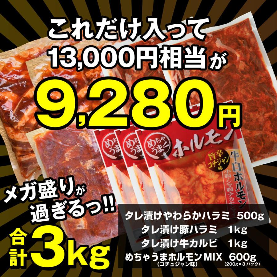 焼肉 牛肉 3kg 焼肉セット 5-9人前 ハラミ カルビ ホルモン 豚肉 バーベキューセット BBQセット 送料無料｜ushi3｜02