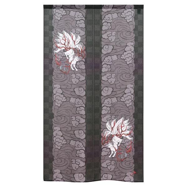のれん 九尾の狐 150cm丈 デジタル友禅 市松模様 グッズ 雑貨
