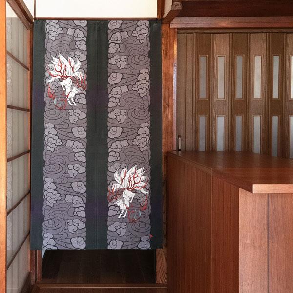 のれん 九尾の狐 150cm丈 デジタル友禅 市松模様 グッズ 雑貨