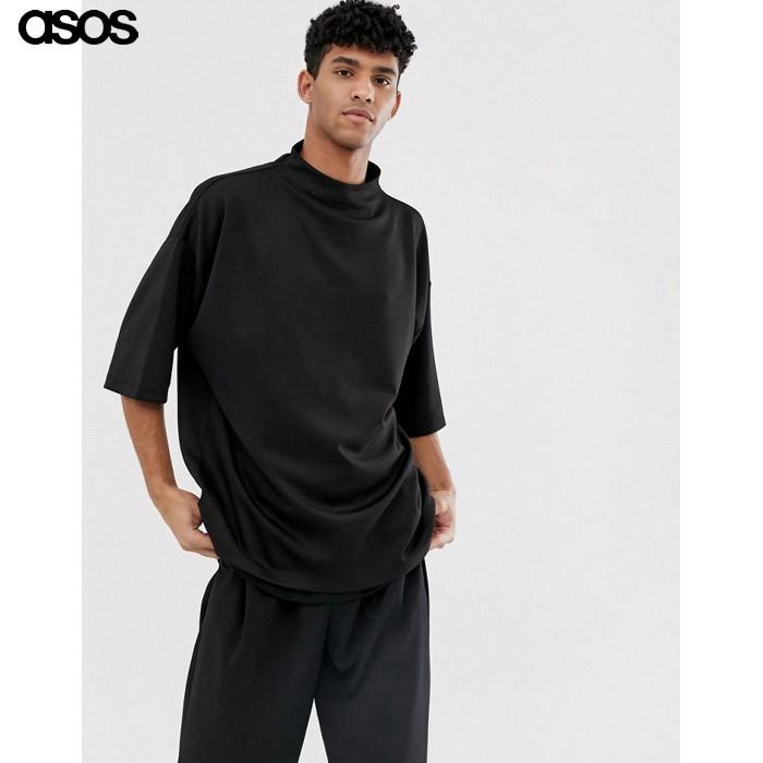 エイソス メンズ ブラック 半袖 ニット オーバーサイズ タートルネック