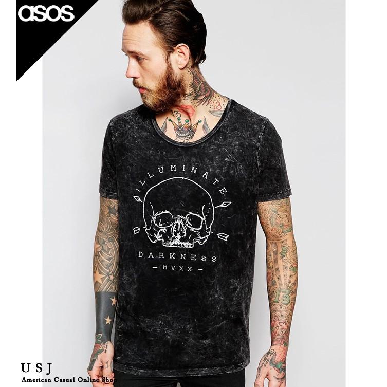エイソス メンズ Tシャツ ブラック XSサイズ ASOS Longline T-Shirt With Acid Wash And Skull Print(844547)｜usj-mens