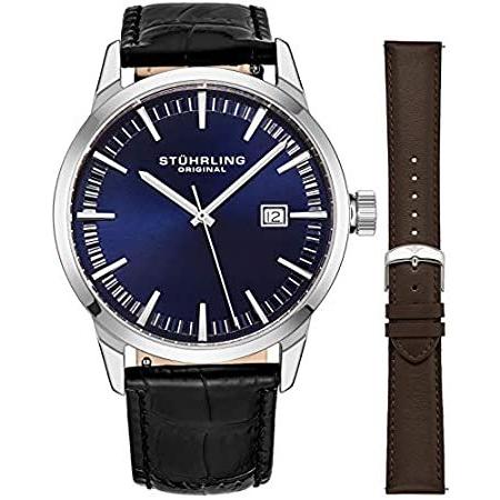 Stuhrling オリジナル メンズ ミニマル スイス クォーツ ステンレス スチール ドレス 腕時計、クイックセット、2つの簡単交換可能なレザース