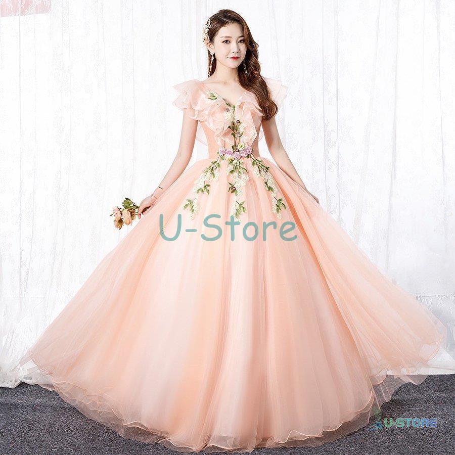 売れ筋がひ 撮影 舞台衣装 お呼ばれ V襟 可愛い花びら エンパイア ウエディングドレス ウェディング カラードレス エレガント 姫系4968 演奏会 カラードレス ご注意 お届け方法によって納期が違います