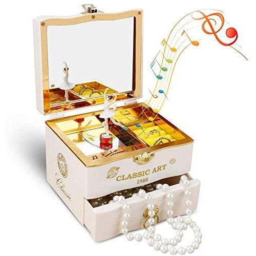 Achort オルゴール 音楽ボックス 回転 引き出し かわいい メイク ボックス 化粧鏡 奥様 彼女へのsurprise ジュエル収納 宝石箱 子供 代引き手数料無料