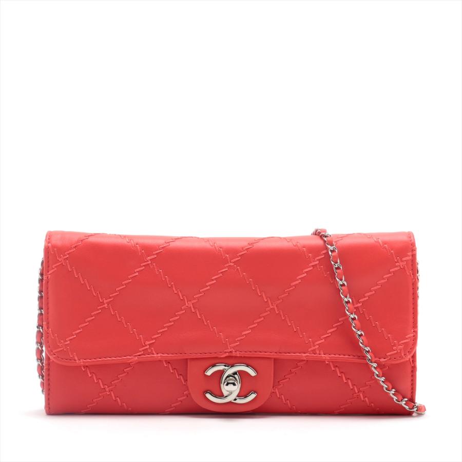 シャネル ウルトラステッチ ラムスキン チェーンウォレット レッド  