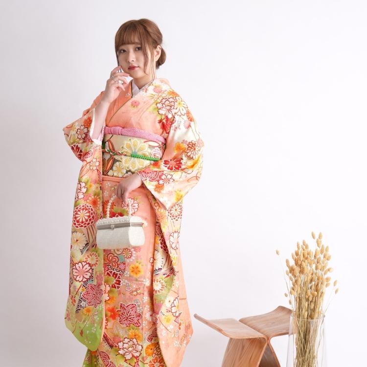 正絹サーモンピンク小花が散りばめられた古典系振袖セット