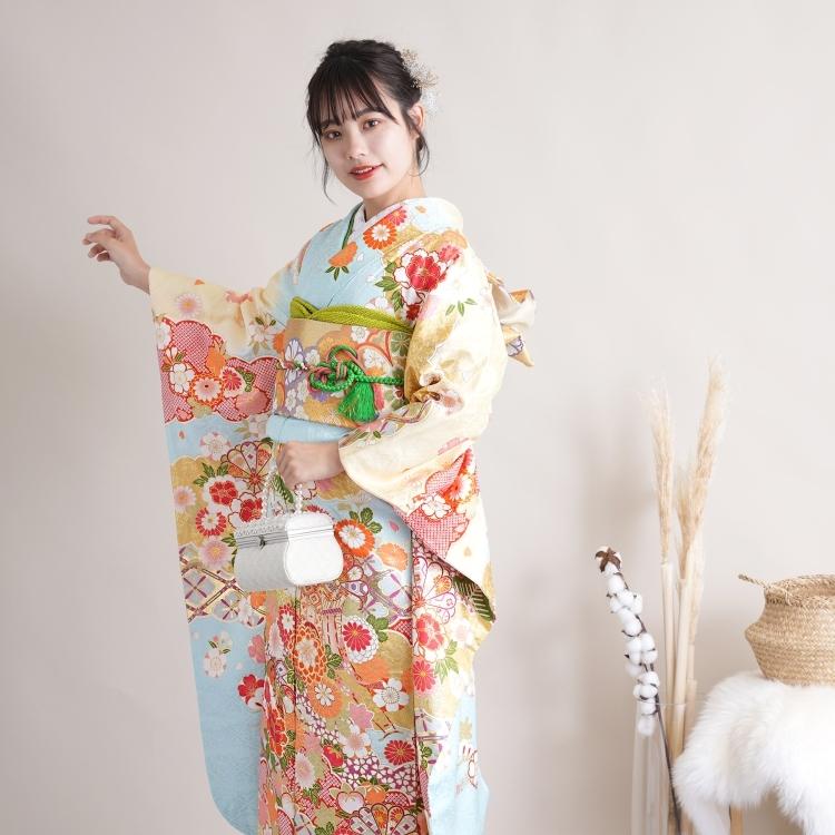 振袖フルセット　成人式　色とりどりの花柄 楽天市場】【成人式 振袖 レンタル】RS1374 正絹 緑 熨斗に花くす玉