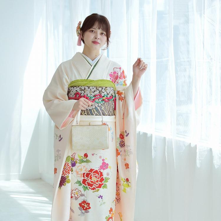 振袖 レンタル 成人式 21点セット レトロ 振袖セット 花 正絹 乳白色に