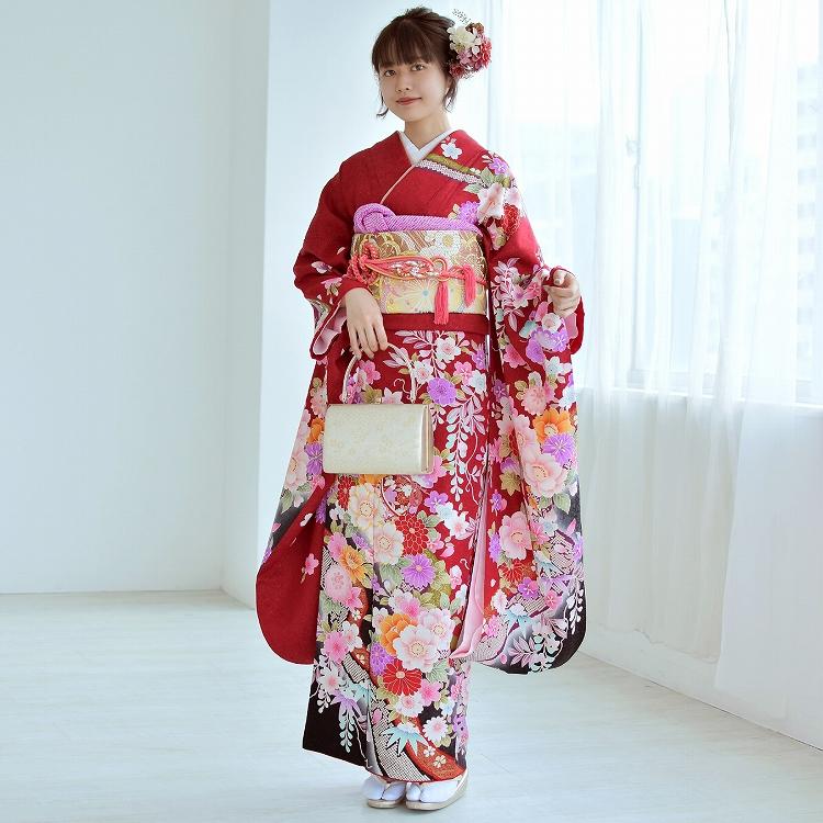 振袖 レンタル 成人式 21点セット レトロ 成人式セット 花 赤系 正絹