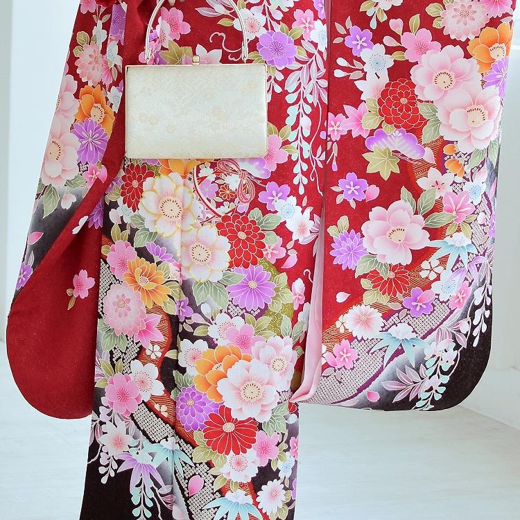 振袖 レンタル 成人式 21点セット レトロ 成人式セット 花 赤系 正絹