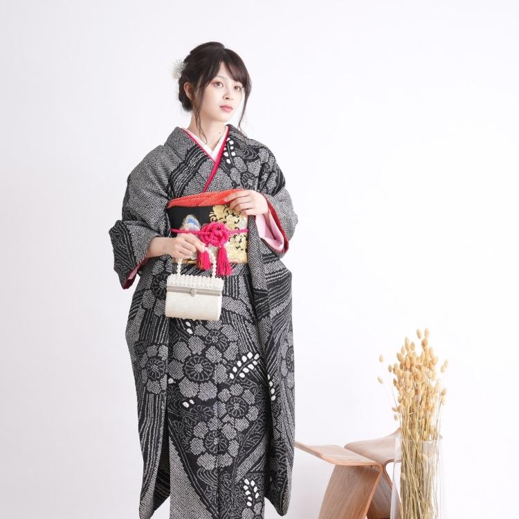 黒白花柄 振袖 成人式　振袖6点セット　正絹 振袖フルセット 振袖セット 白系 オフホワイト 赤 菊 雪輪 桜 笹 花 絵羽柄 正絹