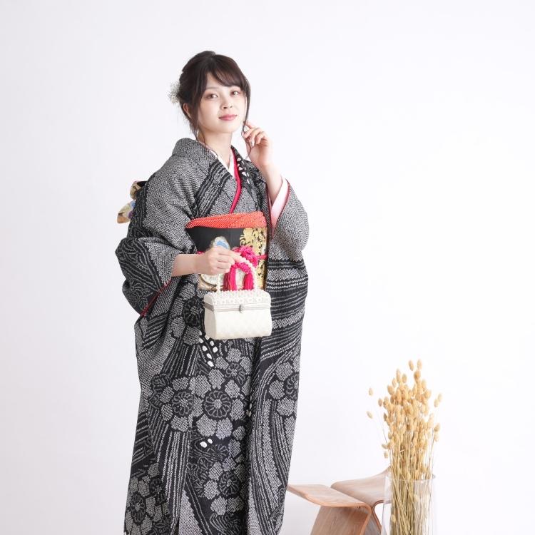 振袖 レンタル 成人式 21点セット レトロ 振袖セット 花 黒系 正絹