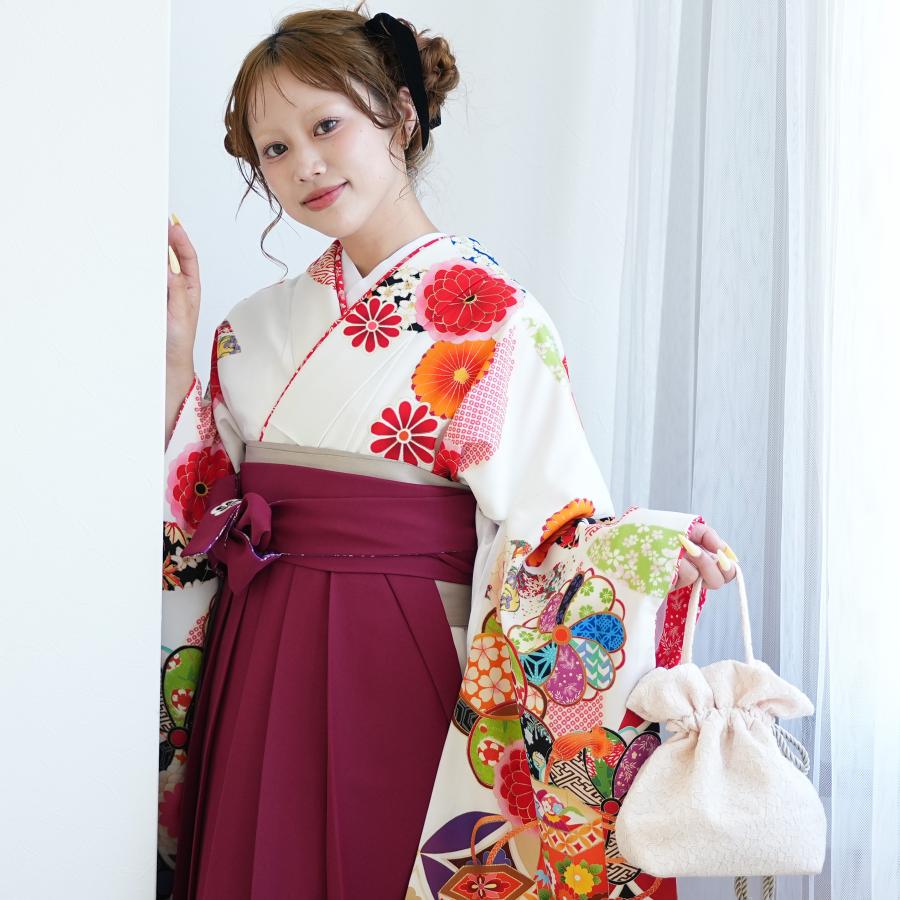 袴 レンタル 卒業式 2尺袖着物 袴 17点セット はいばら レトロモダン系 袴セット 卒業式 菊 きなり系