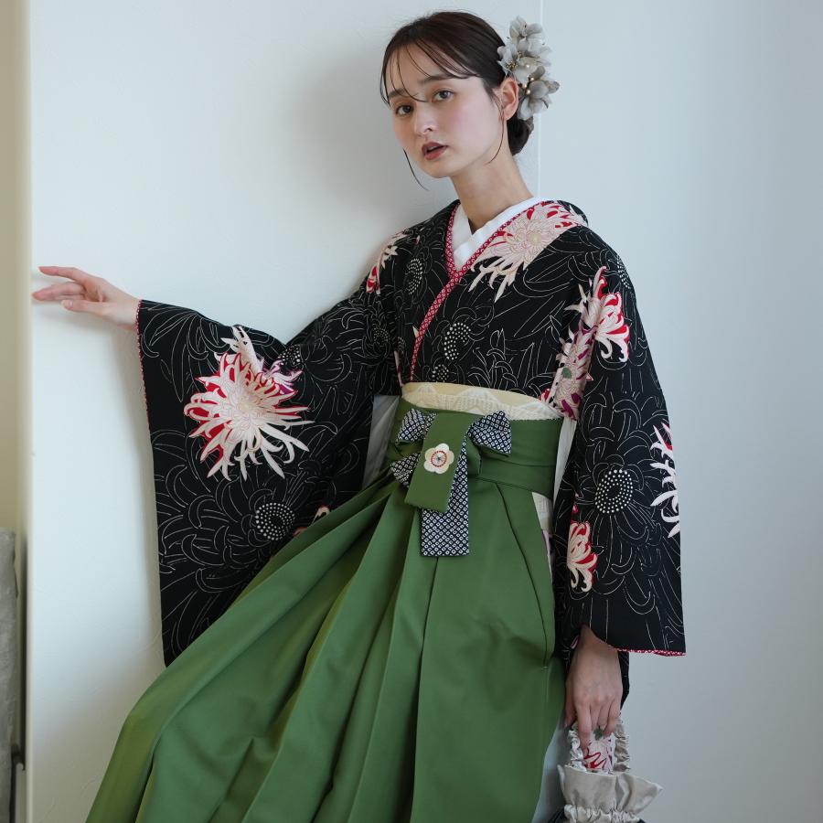 袴 レンタル 卒業式 2尺袖着物 袴 17点セット 九重 レトロモダン系 袴セット 卒業式 糸菊 黒系