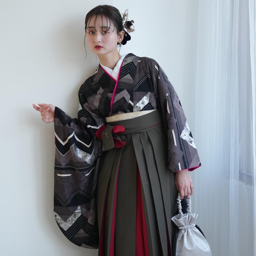 袴 レンタル 卒業式 2尺袖着物 袴 17点セット モダンアンテナ レトロモダン系 袴セット 卒業式 ジグザグ チャコール系