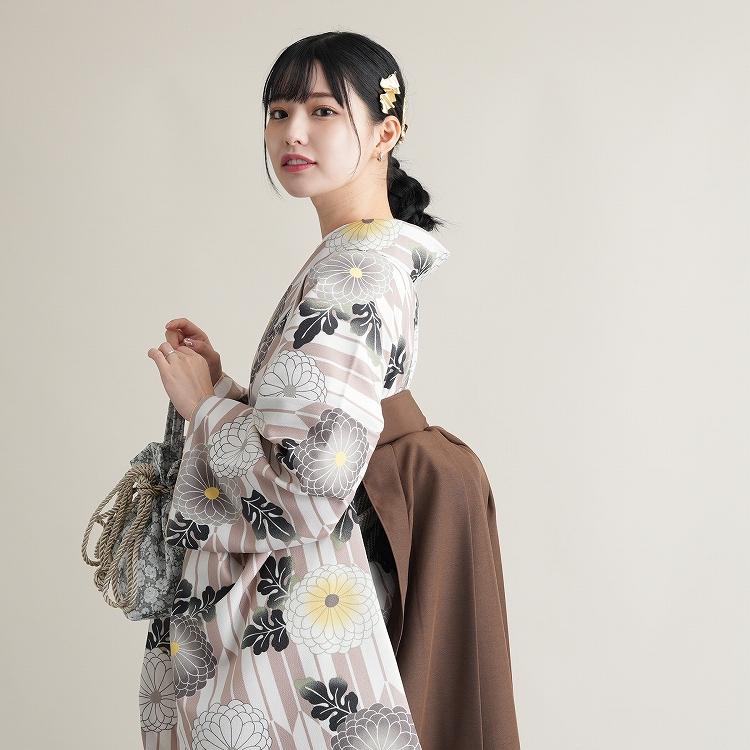 ニコアンティーク 2尺袖着物 袴 2点セット 袴91cm（身長153-158cm） 袴セット 卒業式 大学生 着物 女性 花 ベージュ系 女性 ladies 黒 ブラック モノトーン 縞 ストライプ 重ね衿縫い付済 中古 販売 着物と袴の2点セット 小学生 謝恩会 おしゃれ USED リサイクル ニコアンティーク 2尺袖着物 袴 2点セット 袴91cm（身長153-158cm） 袴